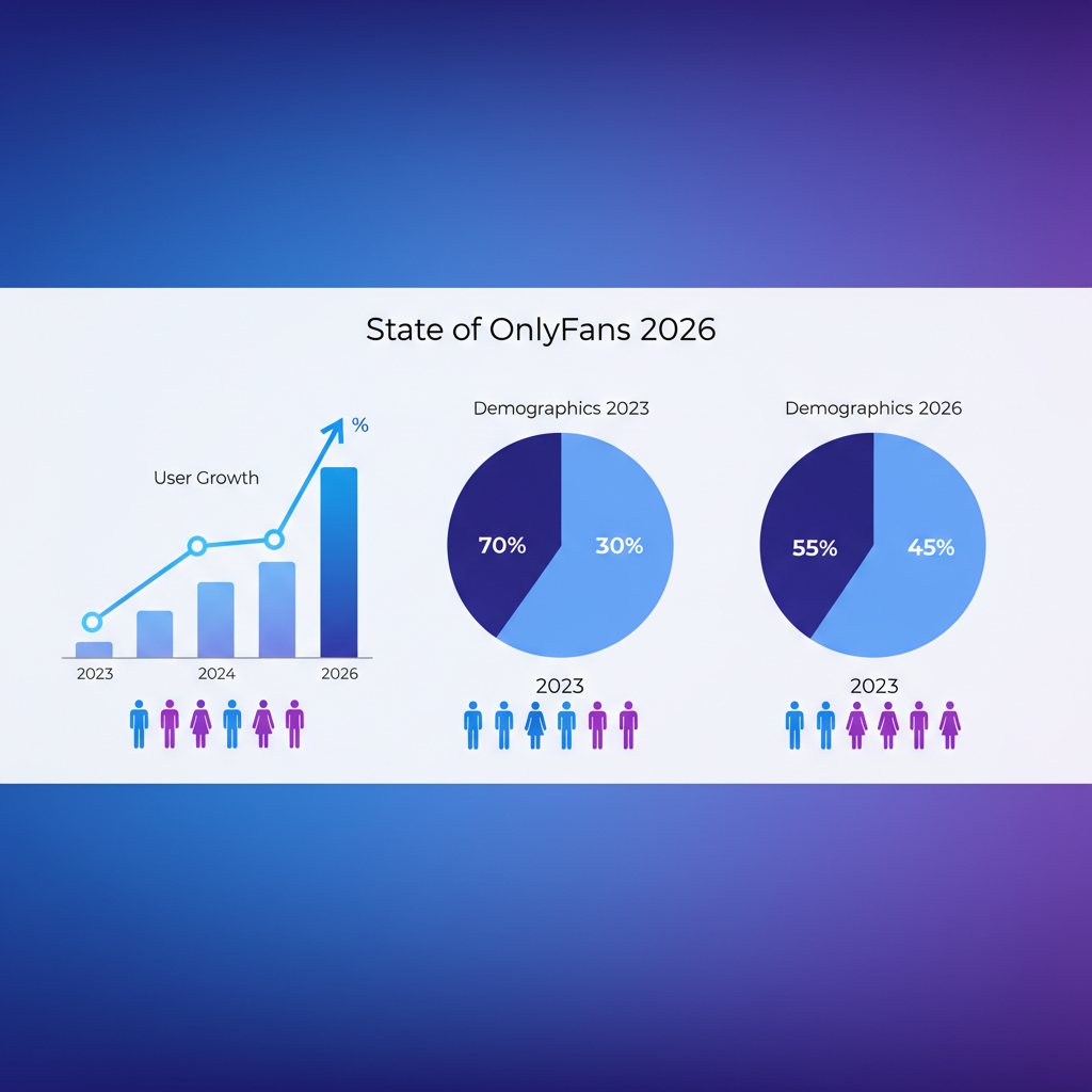 Infografik, die das Nutzerwachstum und die demografischen Veränderungen von OnlyFans von 2023-2026 zeigt. - Zustandsbericht OnlyFans 2026 Illustration