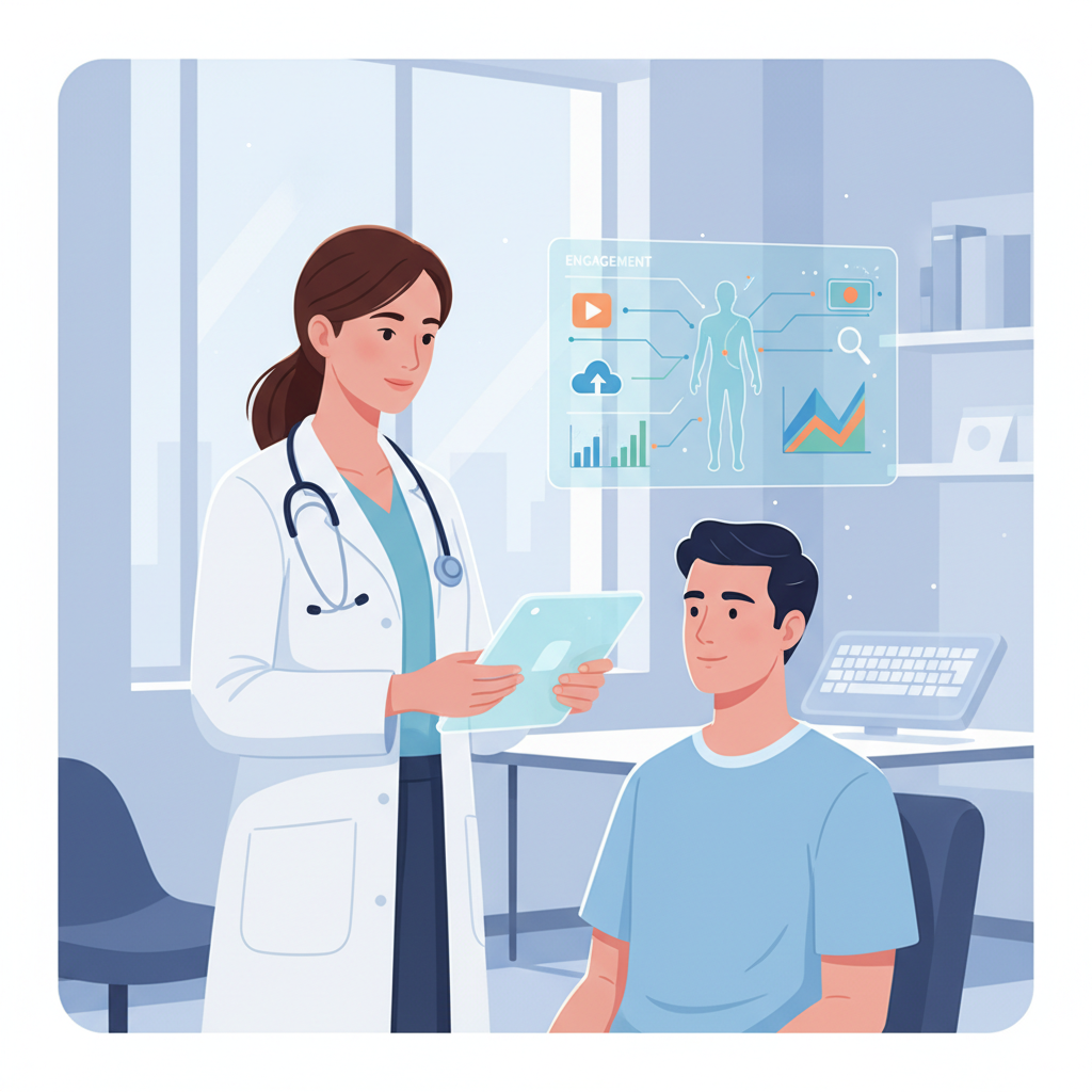 Illustration eines Arztes, der die 'Inhaltsgesundheits'-Tabelle eines Patienten überprüft - Rewrite: https://bunny-agency.es/onlyfans-blog/test/ Illustration