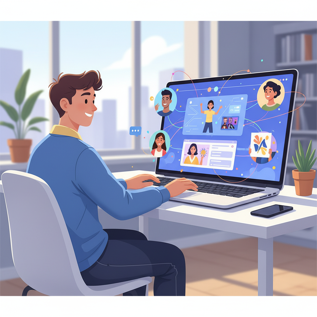 Ein Creator, der mit Fans an einem Laptop interagiert und ansprechende Inhalte zeigt. - Neuformulierung: https://bunny-agency.com/onlyfans-blog/test/ Illustration