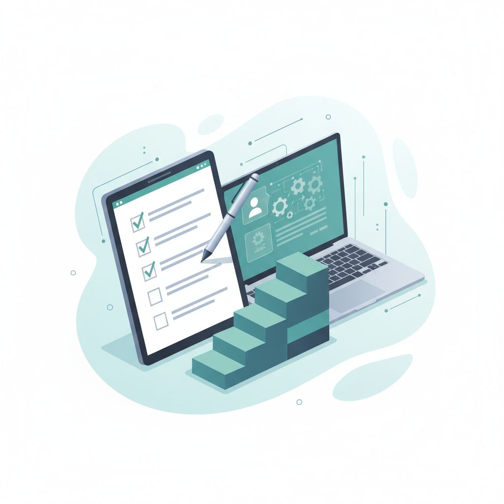 Eine Checkliste mit einem Stift und einem Laptop, die umsetzbare Schritte symbolisieren. – Umschreiben: https://bunny-agency.com/onlyfans-blog/test/ illustration